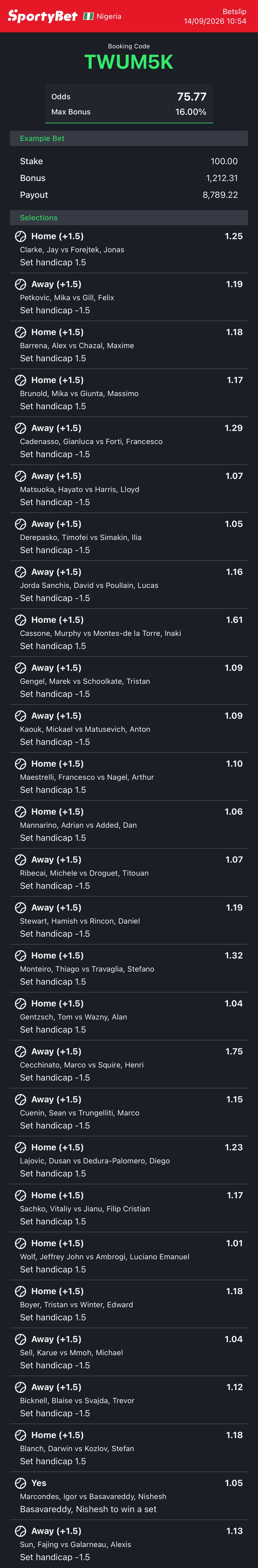 76 Odds Tennis Bet code