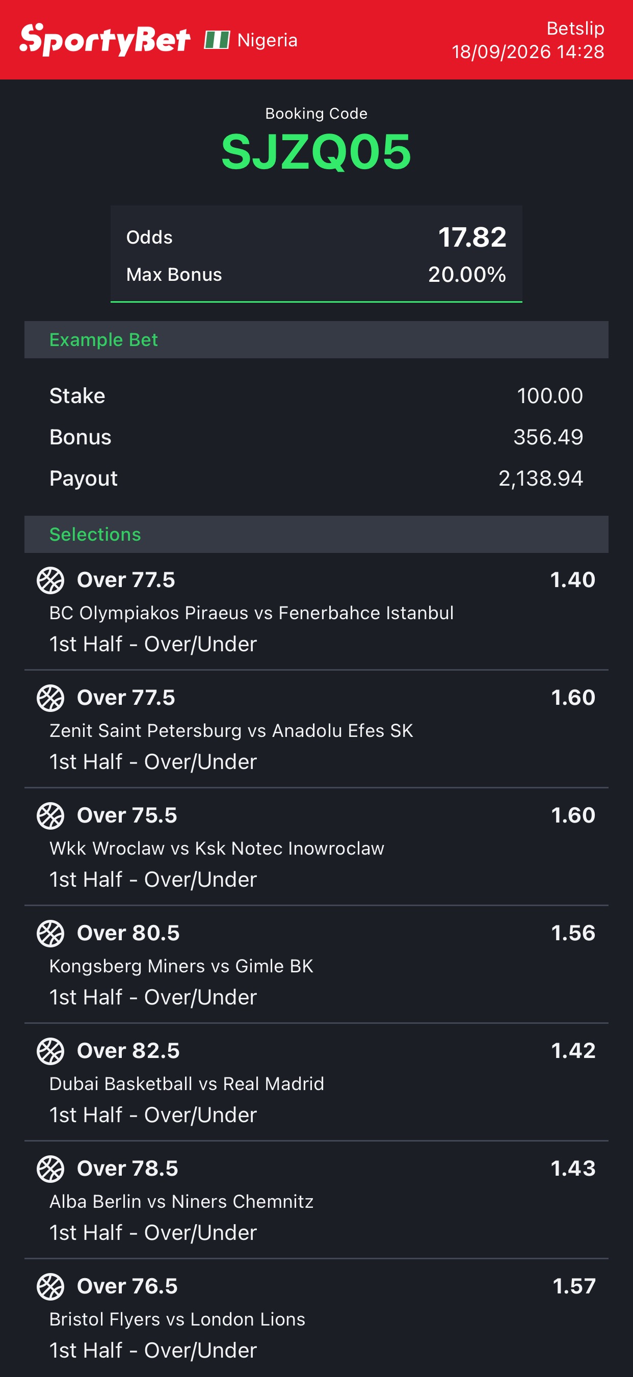 17 Odds Basketball Bet code today