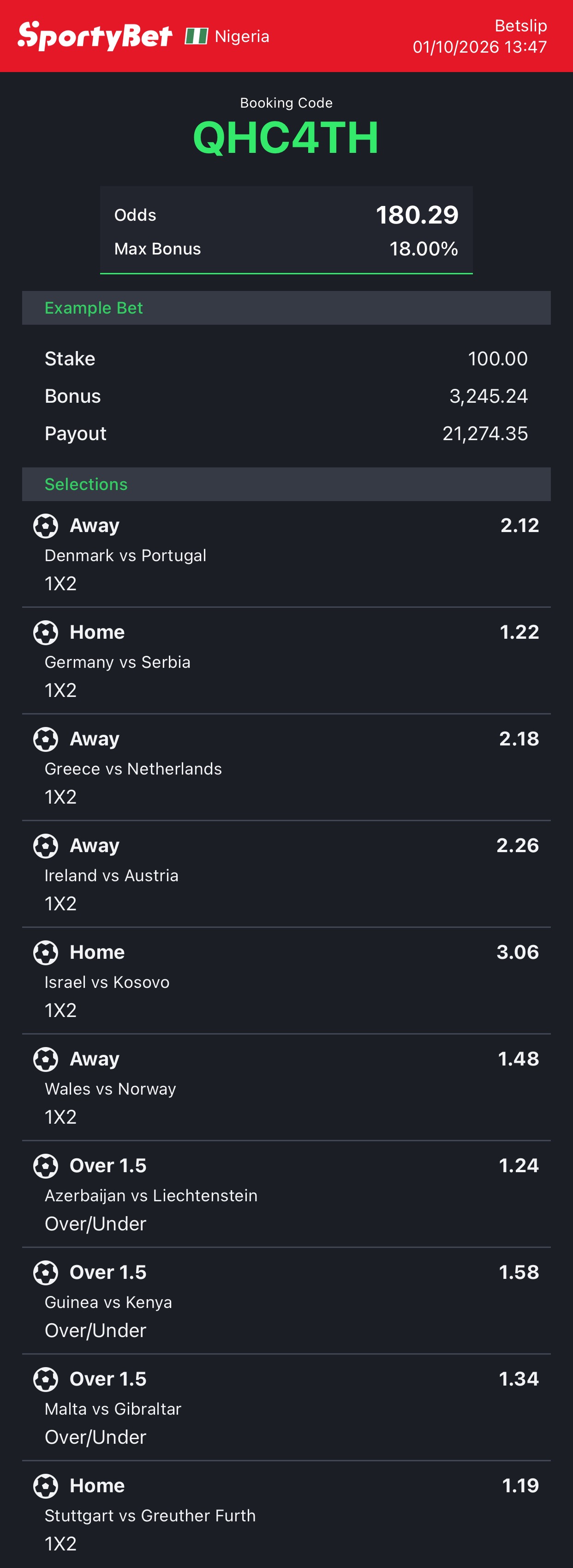 180 Odds Football Bet code today