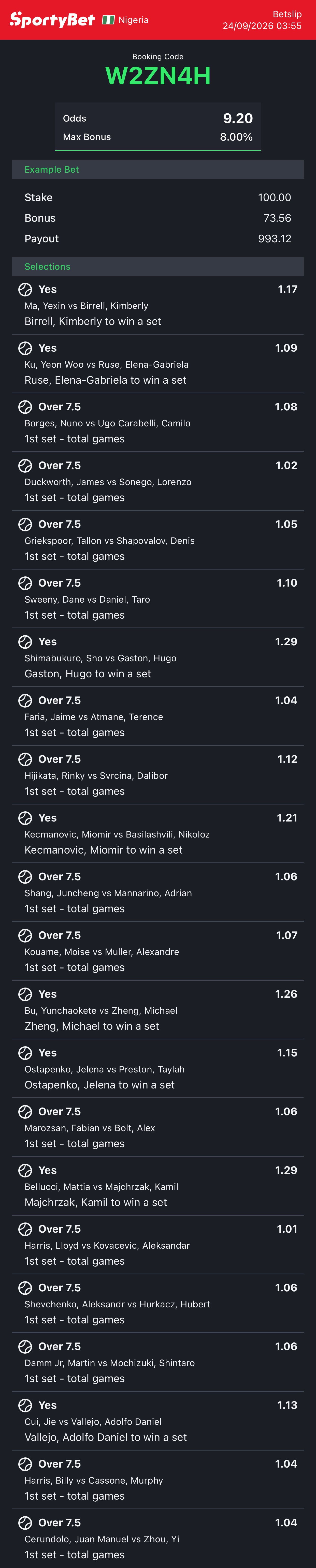 9.20 Odds Tennis Bet code today