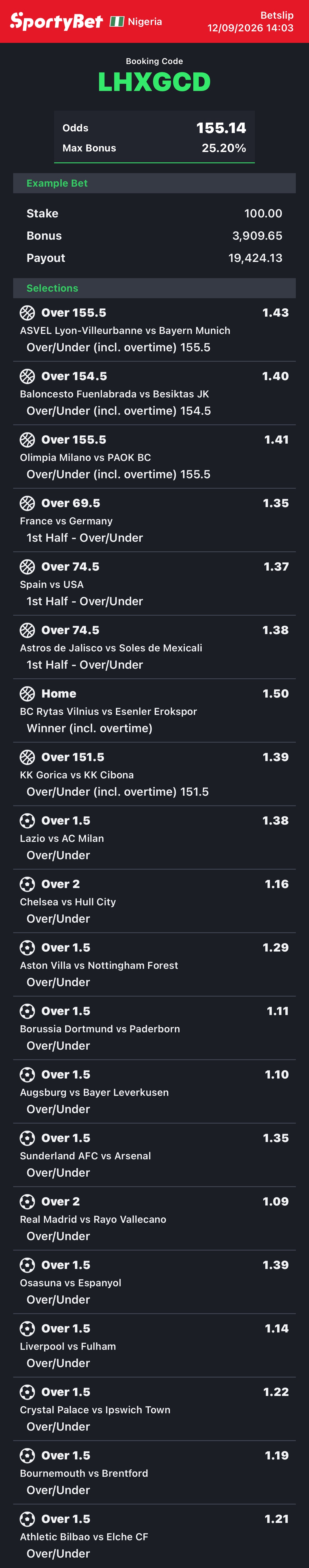 155 Odds sportybet Code today