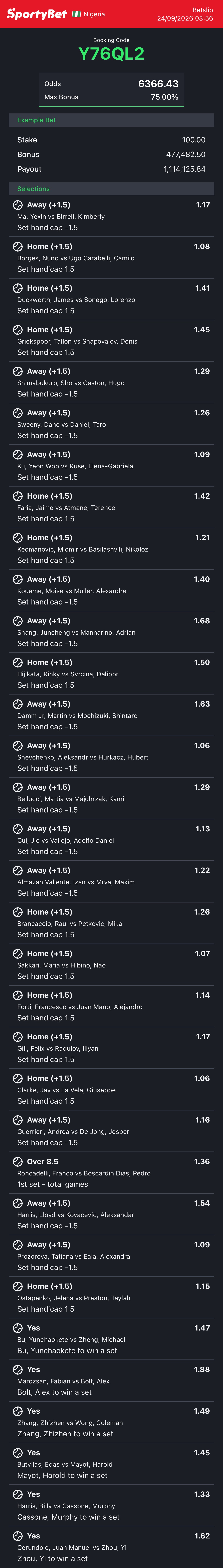 6366.43 Odds Tennis Bet code today